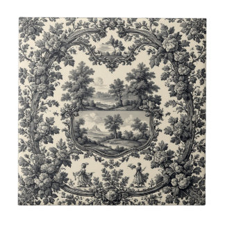 Toile De Jouy Countryside Floral Motif Monochrome  Tile