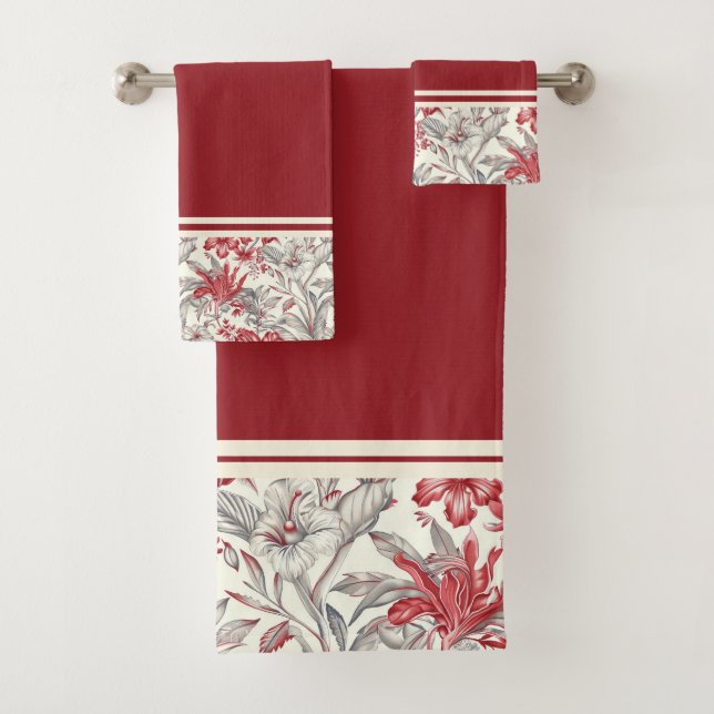 Toile de Jouy Deep Red and Grey Floral Lilies Bath Towel Set (Insitu)