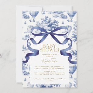 Toile De Jouy Dusty Blue Bow Baby Shower Invitation