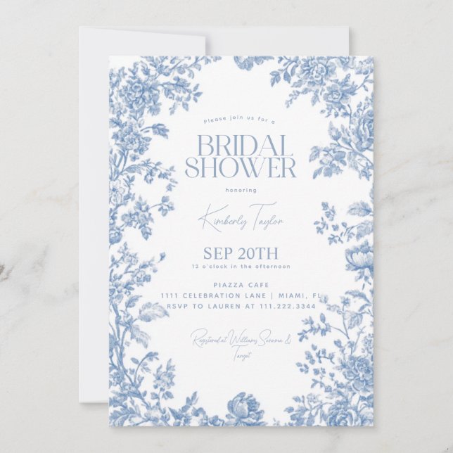 Toile De Jouy Dusty Blue Floral Bridal Shower Invitation (Front)