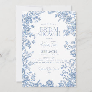 Toile De Jouy Dusty Blue Floral Bridal Shower Invitation