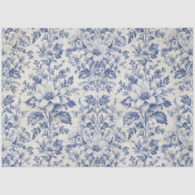 Toile de Jouy Floral Blue White Ephemera Decoupage Tissue Paper (Front)