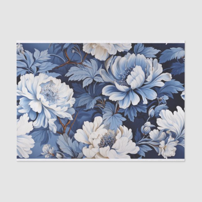 Toile de Jouy flowers in blue on aged Tissue Paper (Front)