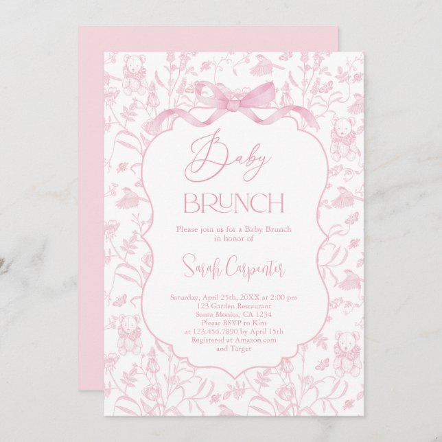 Toile De Jouy Girl Baby Shower Brunch with Bow Invitation (Front/Back)