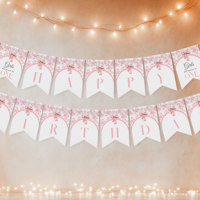Toile de Jouy Girl Pink Bow First 1st Birthday Bunting (Creator Uploaded)