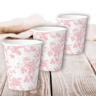 Toile de Jouy Girl Pink Bow First 1st Birthday Paper Cups