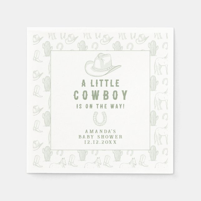 Toile de Jouy Green Cowboy Western Baby Shower Napkin (Front)