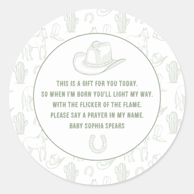 Toile de Jouy Green Cowboy Western Prayer Baby Classic Round Sticker (Front)