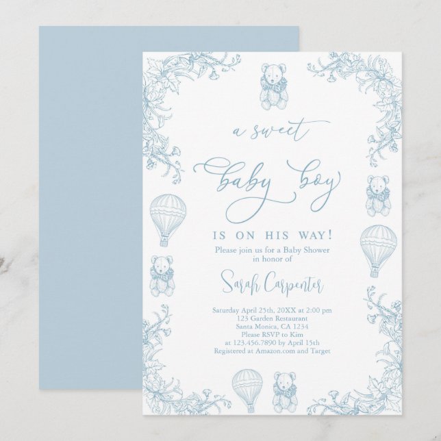 Toile De Jouy Hot Air Balloon Baby Shower Boy Invitation (Front/Back)