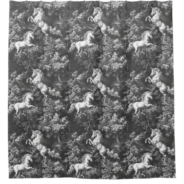 Toile De Jouy Monochrome Unicorns Shower Curtain (Front)