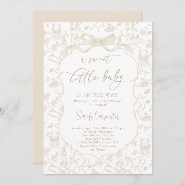 Toile De Jouy Neutral Baby Shower with Bow Invitation (Front/Back)