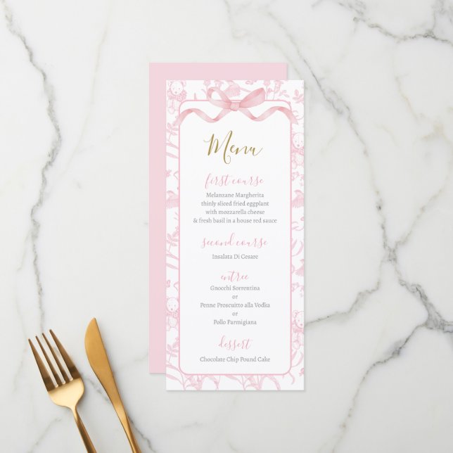 Toile de jouy Pink Baby Shower Girl Menu Card (Front/Back In Situ)