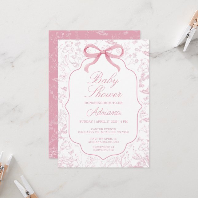 Toile De Jouy Pink Baby Shower with Bow Invitation (Front/Back In Situ)