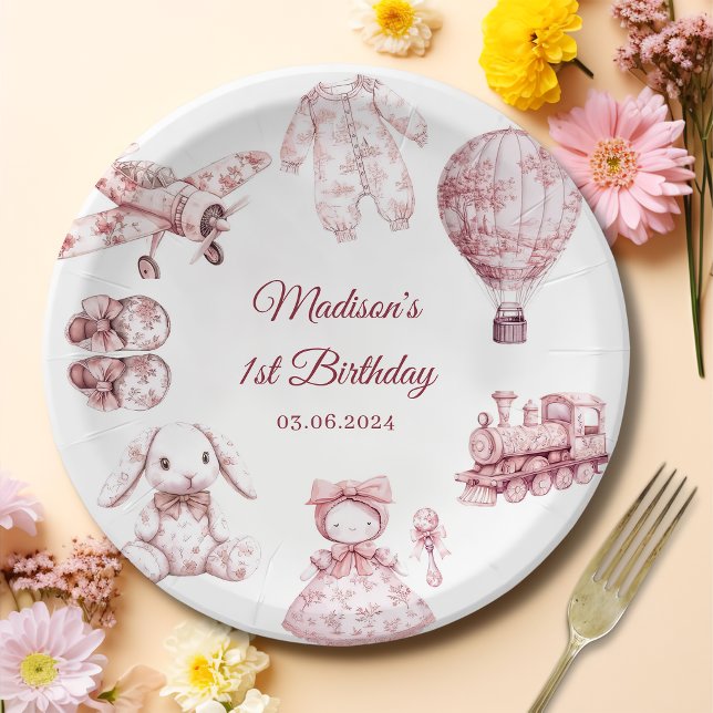 Toile De Jouy Pink Birthday Party Paper Plate (Creator Uploaded)