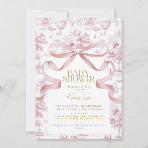 Toile De Jouy Pink Bow Baby Shower Invitation