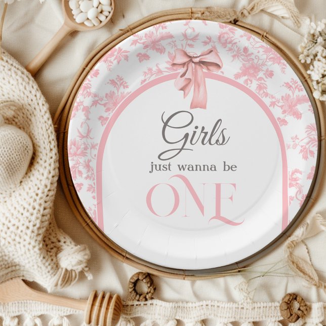 Toile de Jouy Pink Bow First 1st Birthday Decor Paper Plate (Creator Uploaded)