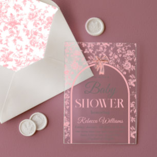 Toile de Jouy Pink Bow Girl Baby Shower Acrylic Invitations