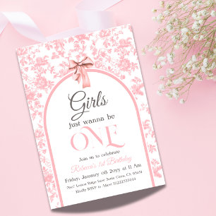 Toile de Jouy Pink Bow Girl First 1st Birthday Invitation
