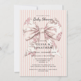 Toile De Jouy Pink Bow Stripes Baby Shower Invitation