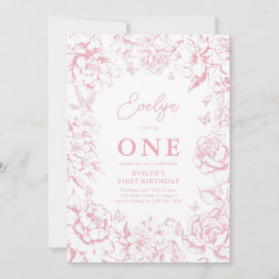 Toile de Jouy Pink Floral Girl 1st Birthday Party Invitation