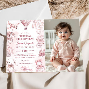Toile De Jouy Pink Girl Birthday Party Photo Invitation