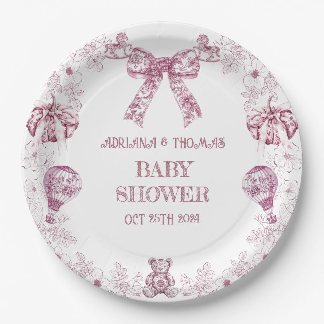 Toile De Jouy Pink Retro Bear toys Baby Shower Paper Plate (Front)