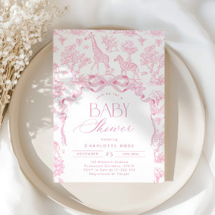 Toile de Jouy Pink Safari animals Baby shower Invitation