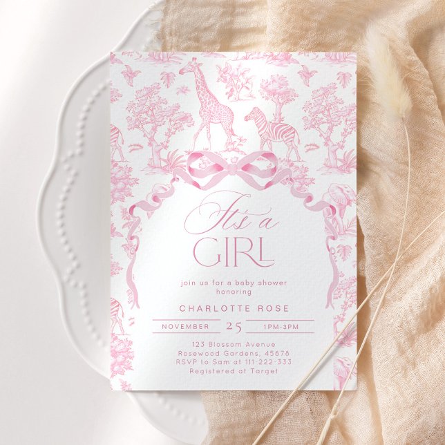 Toile de Jouy Pink Safari animals It's a girl Invitation (Creator Uploaded)