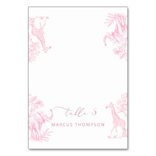 Toile de Jouy Pink Safari animals place cards