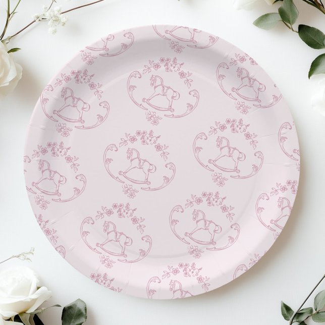 Toile de Jouy rocking horse Pink Baby Girl shower Paper Plate (Creator Uploaded)