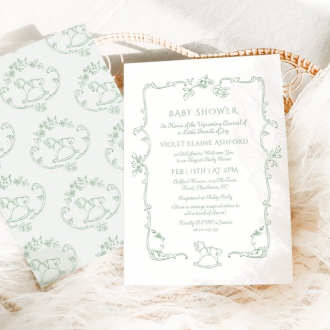 Toile de Jouy rocking horse Sage Green Baby shower Invitation (Creator Uploaded)