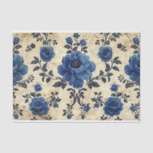 Toile de Jouy roses in blue on aged Tissue Paper