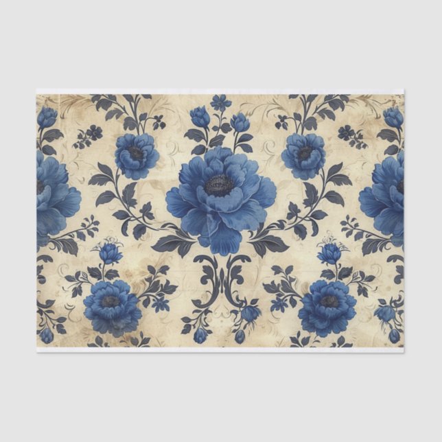 Toile de Jouy roses in blue on aged Tissue Paper (Front)