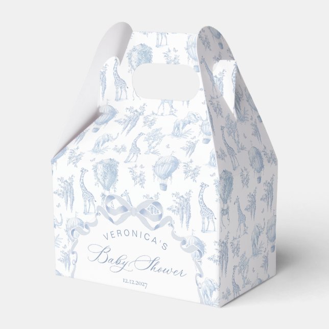 Toile de Jouy Safari animals Arch Blue Baby Shower Favour Box (Front Side)