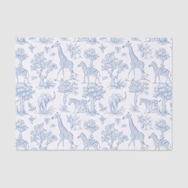 Toile de Jouy Safari animals dusty blue elegant Tissue Paper (Front)
