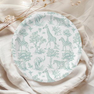 Toile de Jouy Safari animals green Baby shower Paper Plate