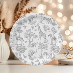 Toile de Jouy Safari animals grey Baby shower Paper Plate