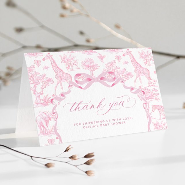 Toile de Jouy Safari animals Pink Baby shower Thank You Card (Creator Uploaded)
