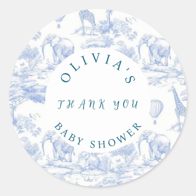 Toile de Jouy Safari Baby Shower  Classic Round Sticker (Front)