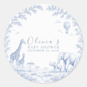 Toile De Jouy Safari Blue Baby Shower Classic Round Sticker