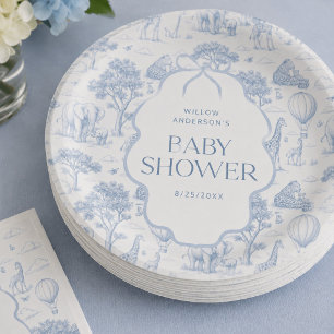 Toile De Jouy Safari Blue Baby Shower Paper Plates