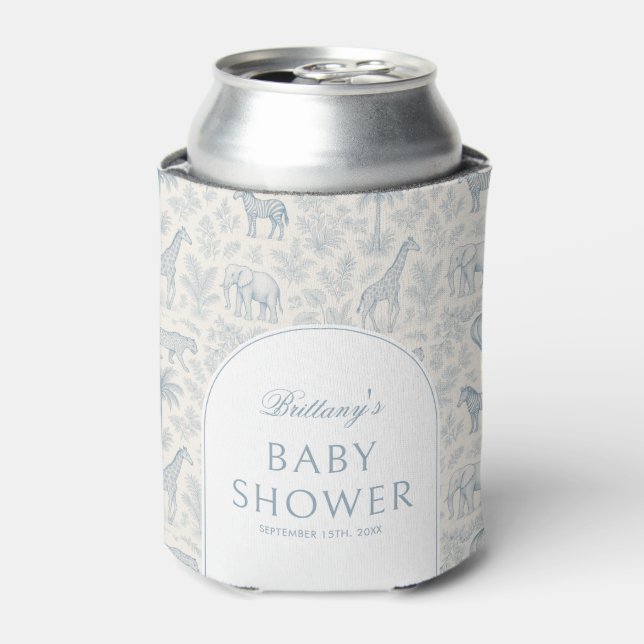 Toile De Jouy Safari Blue Boy Baby Shower  Can Cooler (Can Front)