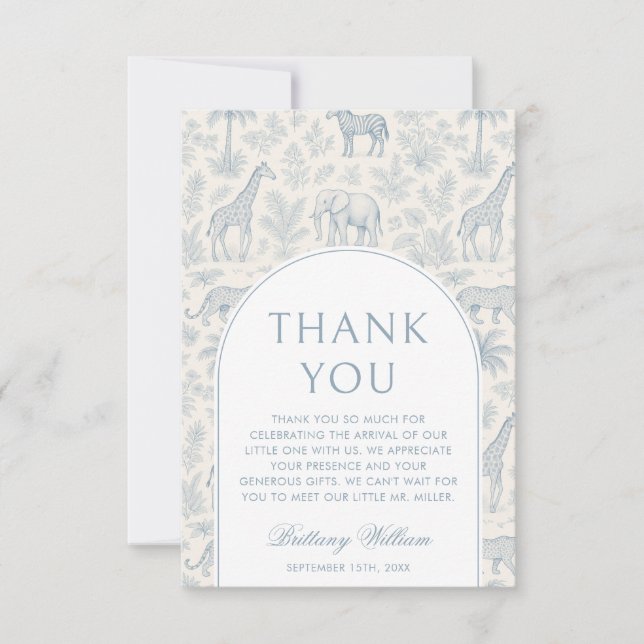 Toile De Jouy Safari Blue Boy Baby Shower  Thank You Card (Front)