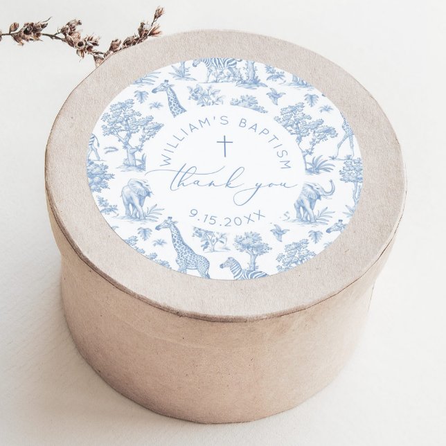 Toile de Jouy Safari Boy Baptism Thank you Classic Round Sticker (Creator Uploaded)