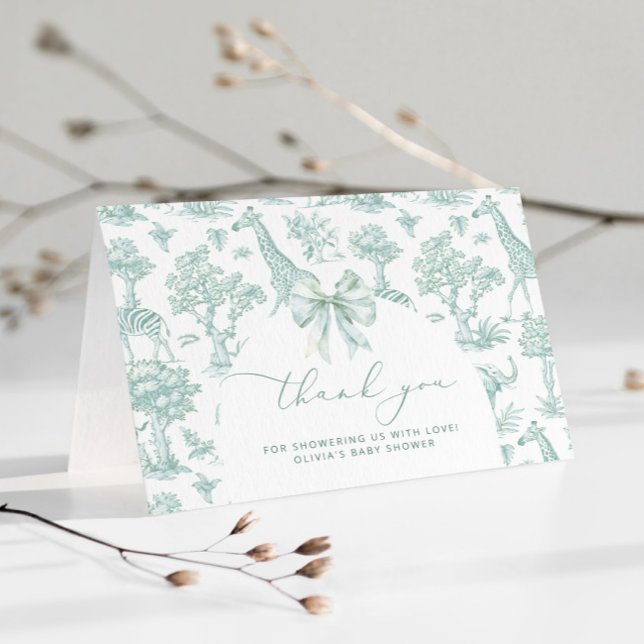 Toile de Jouy Safari green Bow Baby shower Thank You Card (Creator Uploaded)