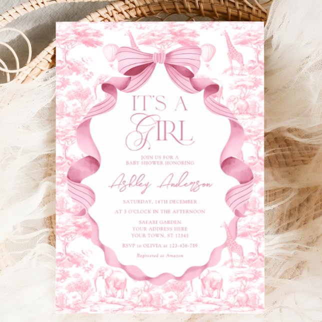 Toile de Jouy Safari It's a Girl Baby Shower Invitation (Creator Uploaded)