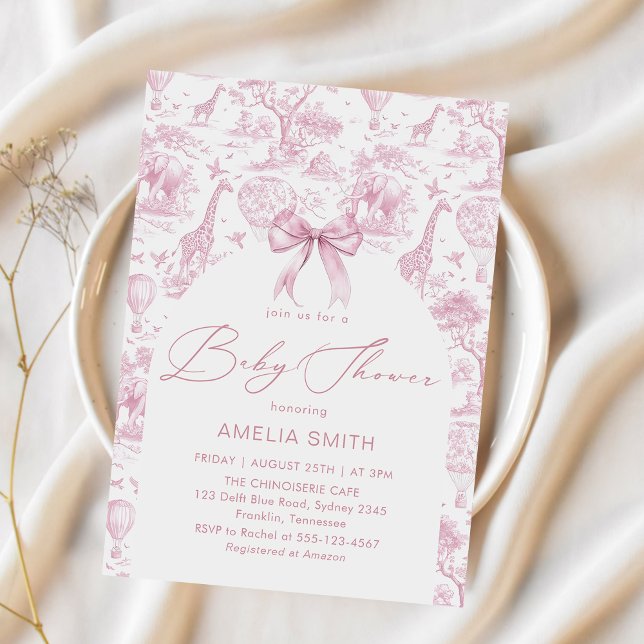 Toile de Jouy Safari Pink Bow Baby shower Invitation (Creator Uploaded)