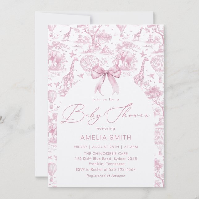 Toile de Jouy Safari Pink Bow Baby shower Invitation (Front)