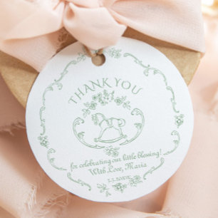 Toile de Jouy Sage Green Rocking Horse Baby Shower Favour Tags