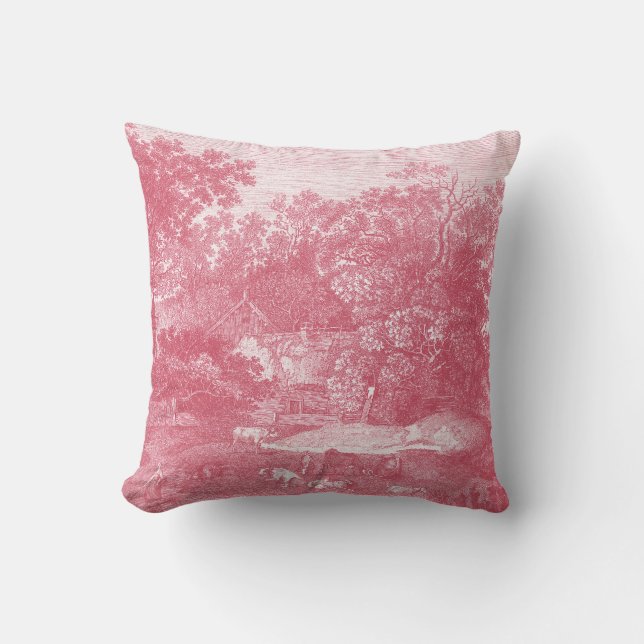 Toile de Jouy Shabby Pink Pastoral Landscape Cushion (Front)